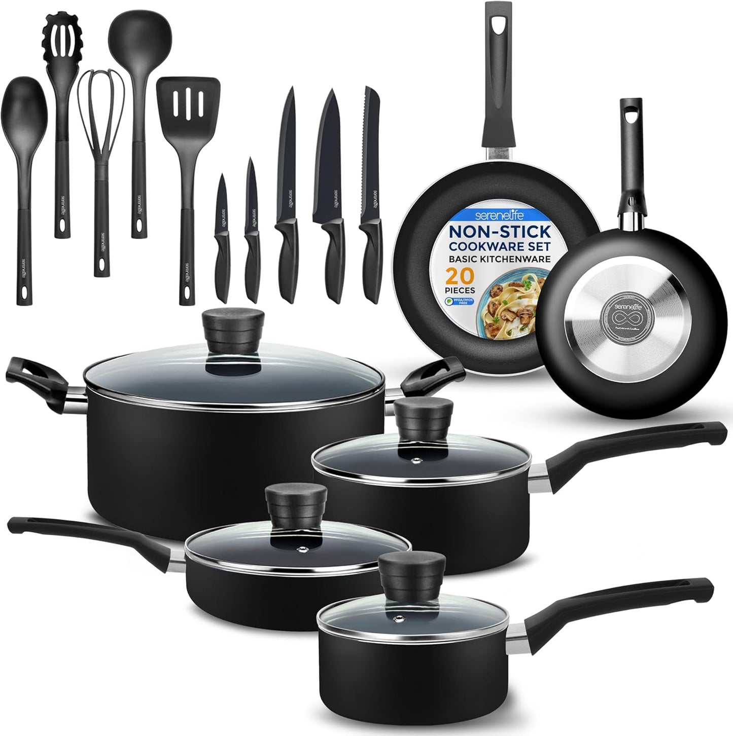Serenelife Kitchenware Pots & Pans Basic Kitchen Cookware, Black Non-Stick Coating Inside, Heat Resistant Lacquer (20-Piece Set), One Size