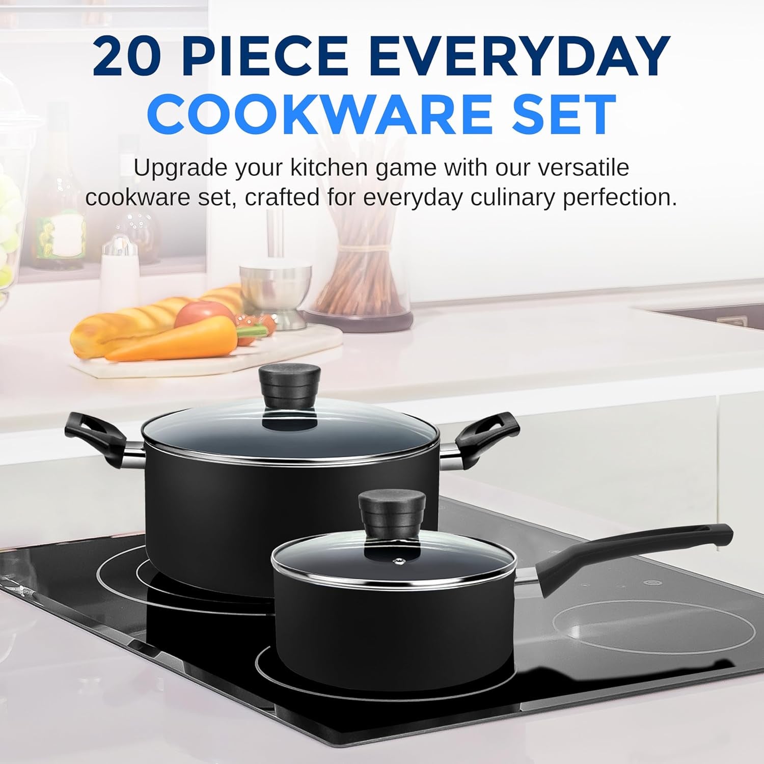 Serenelife Kitchenware Pots & Pans Basic Kitchen Cookware, Black Non-Stick Coating Inside, Heat Resistant Lacquer (20-Piece Set), One Size