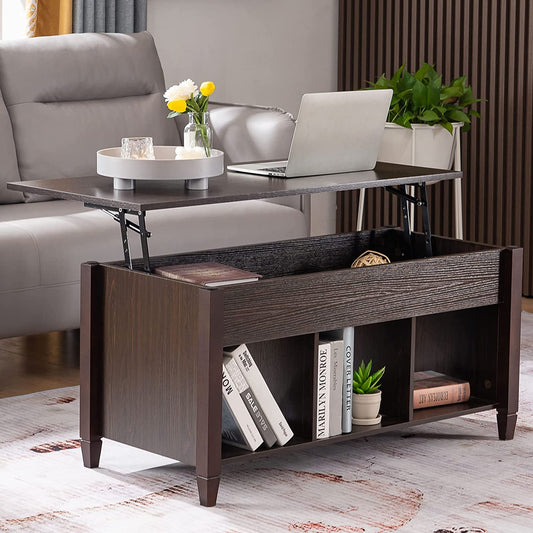 Bonnlo Lift Top Coffee Table, Coffee Table Converst to Dining Table Lift up Coffee Table Espresso Coffee Table Walnut Coffee Table, Coffee Table Lift Top with Hidden Compartment/3 Open Shelves