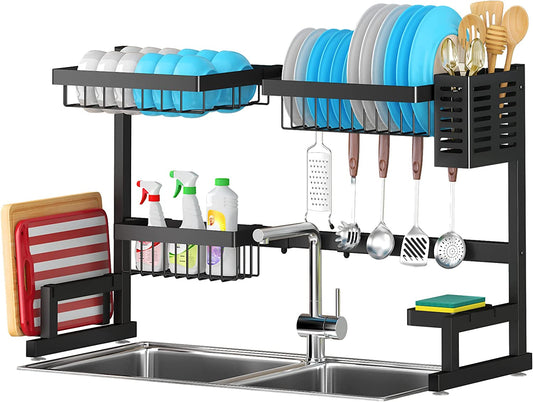 PUSDON over Sink Dish Drying Rack Stainless Steel, Adjustable Large Dish Drainer for Storage Kitchen Organization Black 2 Tier-Simplified(26"-38")