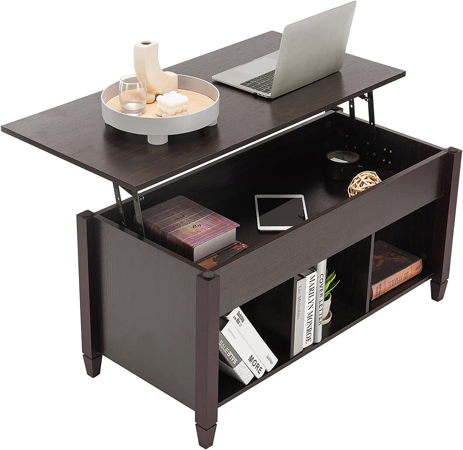 Bonnlo Lift Top Coffee Table, Coffee Table Converst to Dining Table Lift up Coffee Table Espresso Coffee Table Walnut Coffee Table, Coffee Table Lift Top with Hidden Compartment/3 Open Shelves