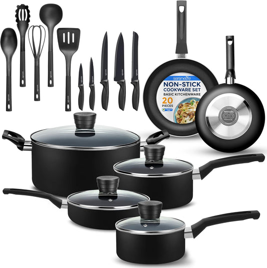 Serenelife Kitchenware Pots & Pans Basic Kitchen Cookware, Black Non-Stick Coating Inside, Heat Resistant Lacquer (20-Piece Set), One Size