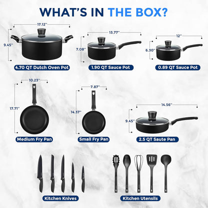 Serenelife Kitchenware Pots & Pans Basic Kitchen Cookware, Black Non-Stick Coating Inside, Heat Resistant Lacquer (20-Piece Set), One Size