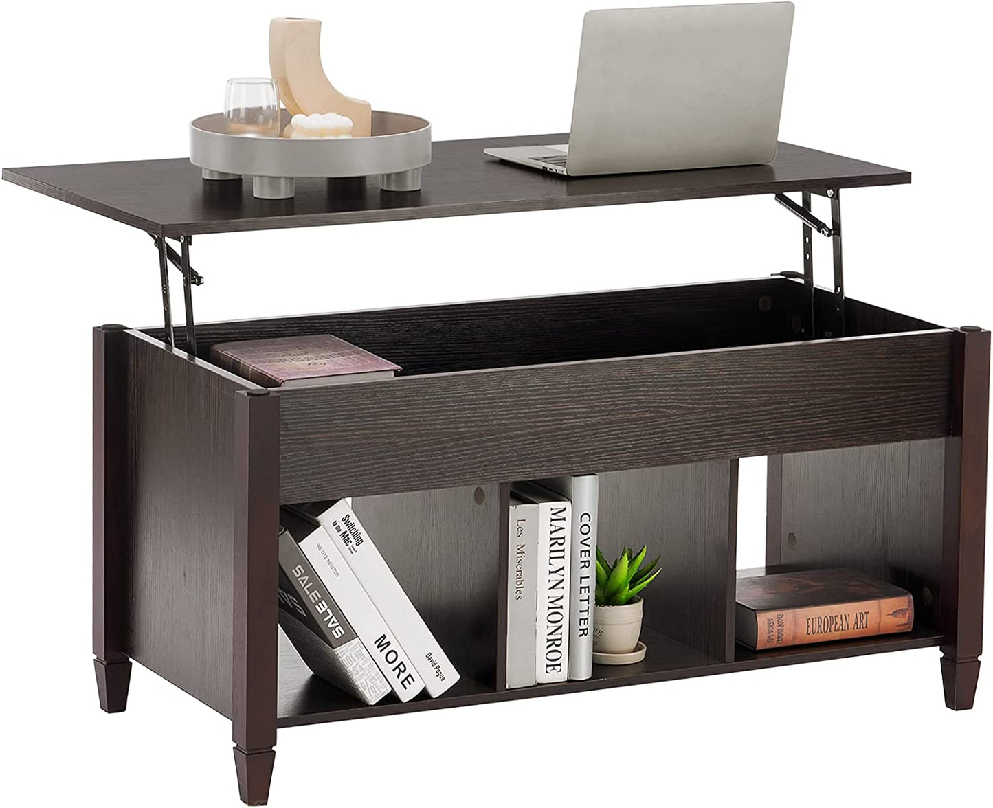 Bonnlo Lift Top Coffee Table, Coffee Table Converst to Dining Table Lift up Coffee Table Espresso Coffee Table Walnut Coffee Table, Coffee Table Lift Top with Hidden Compartment/3 Open Shelves
