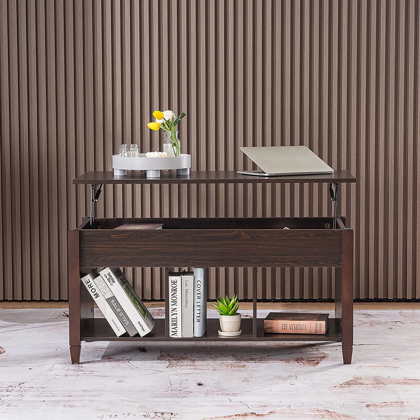 Bonnlo Lift Top Coffee Table, Coffee Table Converst to Dining Table Lift up Coffee Table Espresso Coffee Table Walnut Coffee Table, Coffee Table Lift Top with Hidden Compartment/3 Open Shelves