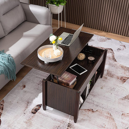 Bonnlo Lift Top Coffee Table, Coffee Table Converst to Dining Table Lift up Coffee Table Espresso Coffee Table Walnut Coffee Table, Coffee Table Lift Top with Hidden Compartment/3 Open Shelves