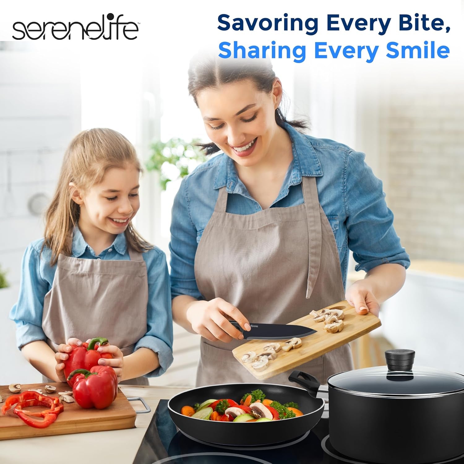Serenelife Kitchenware Pots & Pans Basic Kitchen Cookware, Black Non-Stick Coating Inside, Heat Resistant Lacquer (20-Piece Set), One Size